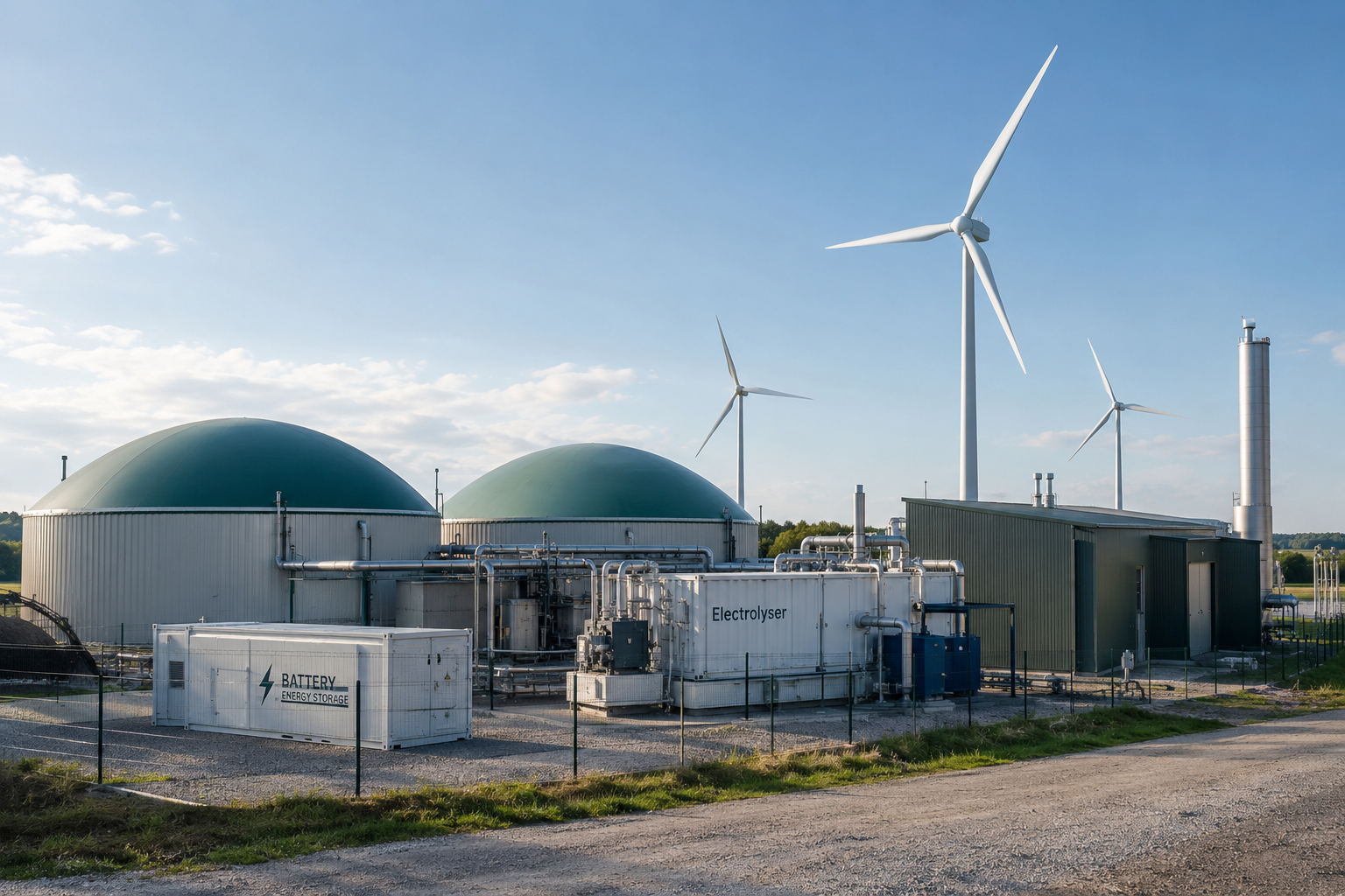 Battery storage, electrolyser, wind turbines and biogas domes on an energy island