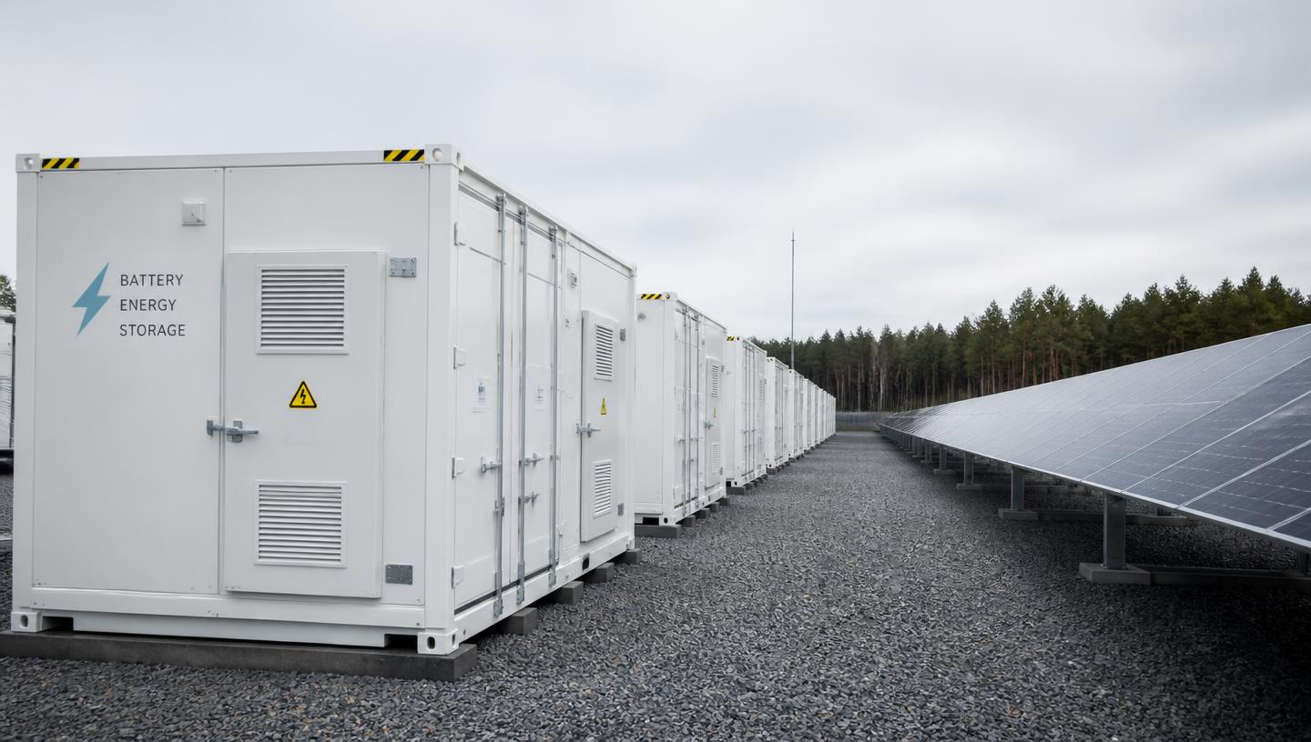 Row of white battery energy storage containers beside a solar array